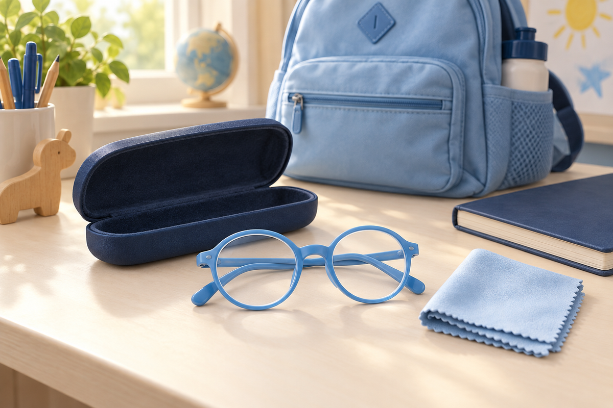 Illustration of blue children’s glasses, a protective case and a microfibre cloth beside a school bag.